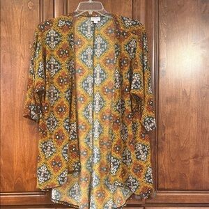 LuLaRoe Lindsay Geometric Patterned Cardigan - Mustard, teal, rust, and cream